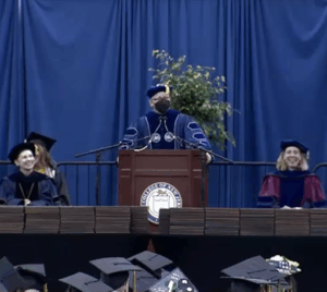 Dr. Mizuhara giving the School of Science Commencement speech, 2022